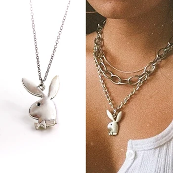 

Cute play rabbit charm necklaces women jewelry funny animals Pendant necklace man Gentleman jewelry drop ship