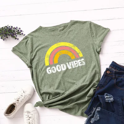 Женская футболка с принтом Good Vibes летняя свободная из 100% хлопка радужной графикой