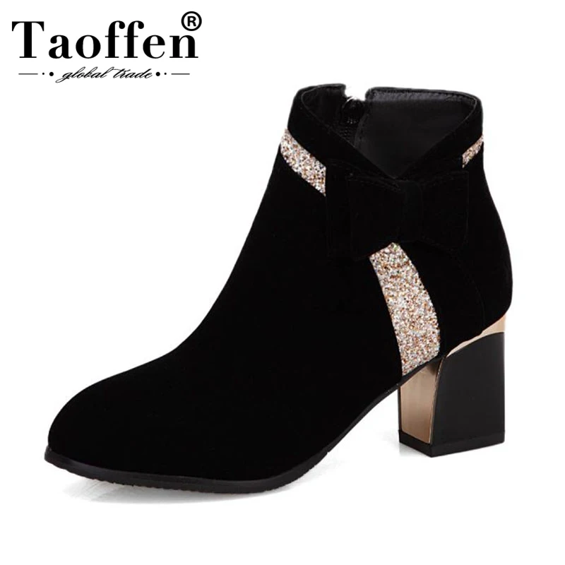 

TAOFFEN Ankle Hoof Heel Boots For Women Pointed Toe Glitter Side Zipper High Quality Fashion Autumn Winter Footwear Size 32-43