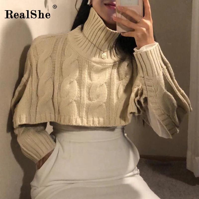 RealShe водолазка свитер для женщин длинный рукав однотонный короткий Женский