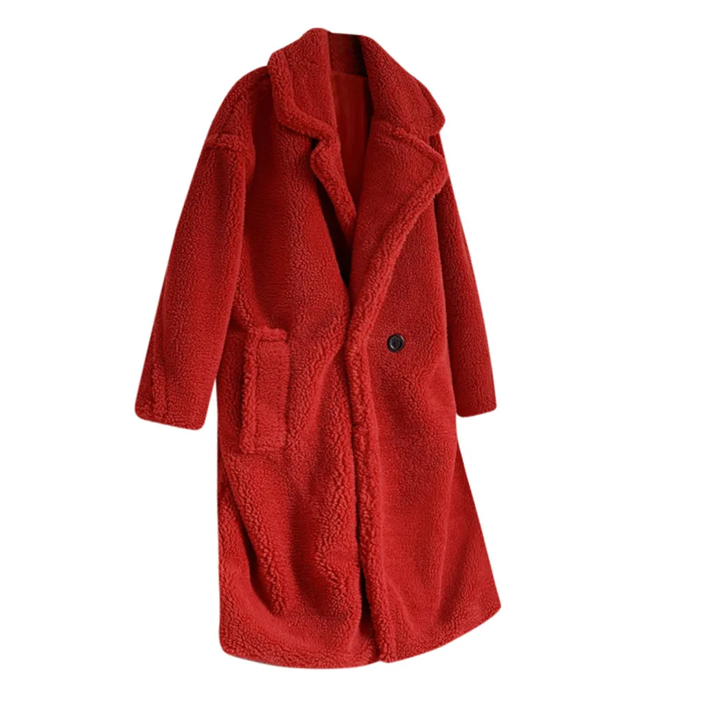 Страуса зимнее шерстяное пальто для женщин элегантный двубортный отложной воротник дикая шерсть смесь длинная куртка N06 - Цвет: Красный