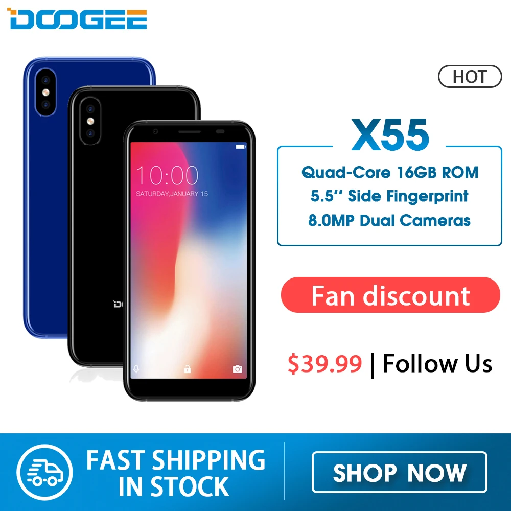 DOOGEE X55 Smartphone 5.5inch Display HD MTK6580 Quad Core 16GB ROM Dual Camera 8.0MP Android 2800mAh Side Fingerprint Cellphone DOOGEE X55 Smartphone 5.5inch Display HD MTK6580 Quad Core 16GB ROM Dual Camera 8.0MP Android 2800mAh Side Fingerprint Cellphone