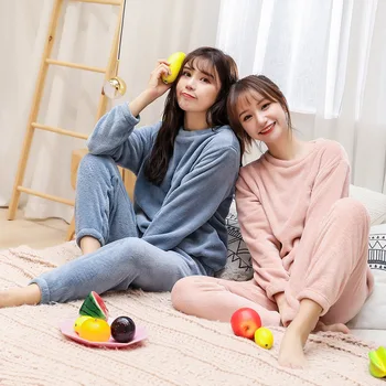

Autumn Winter Warm Flannel Women Pyjamas Sets Thick Coral Velvet Long Sleeve Cartoon Sleepwear Thin Flannel Pajamas Set for Girl