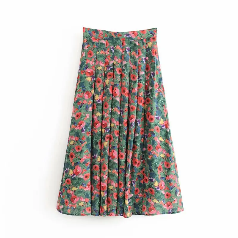 

Europe And America 2020 Spring New Style French Vintage Printed Seaside Vacation Style Pleated Skirt A5js6271