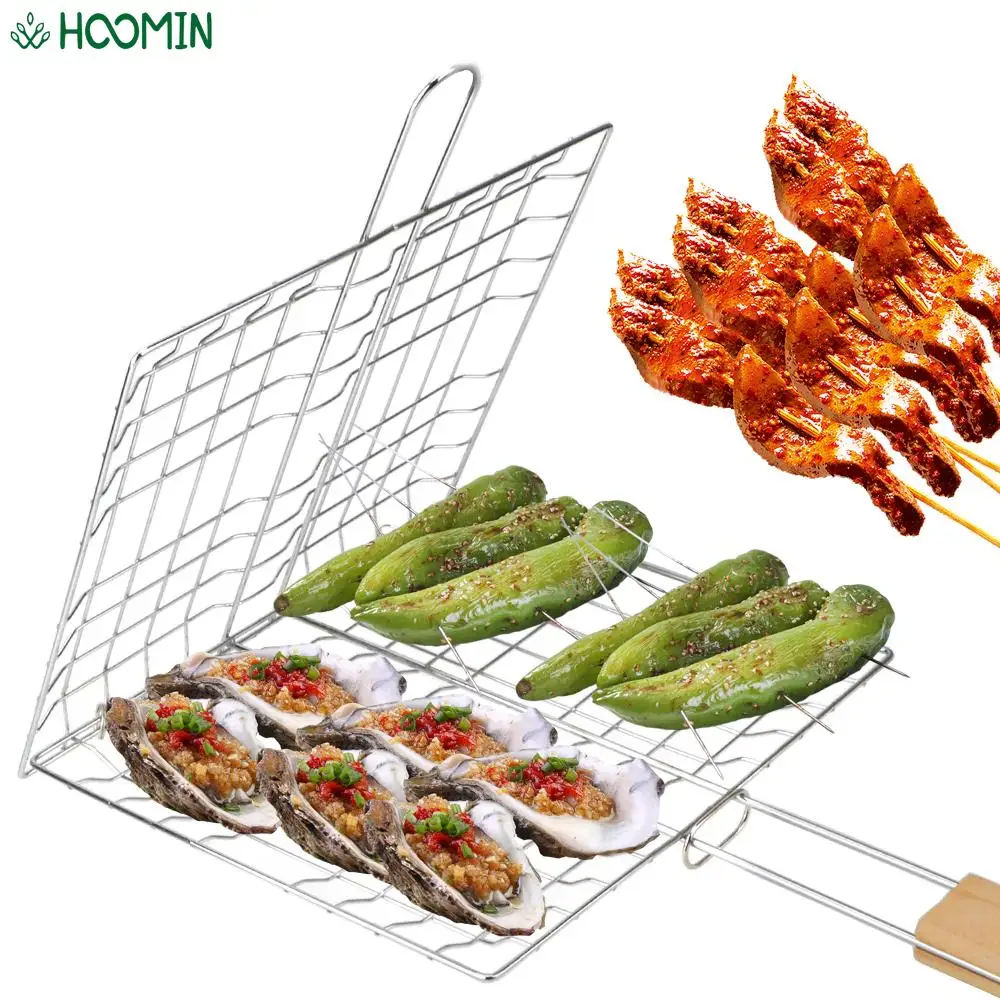 

Stainless Steel Barbecue Grilling Basket Clip Collapsible BBQ Grill Mesh Reusable Wooden Handle Meat Fish Clip Holder