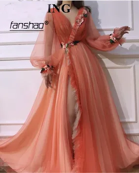 

Custom Made vestidos de festa Evening Dresses V-neck Flowers Slit Dubai Saudi Arabic Orange Party Gown Boho Prom Dress