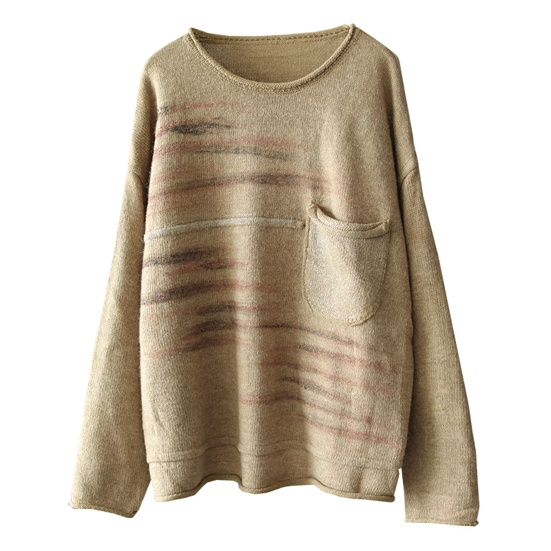 Autumn Sweater Women Retro Loose Knitting Casual Pullovers New Ladies Tops O-Neck Pocket Pocket All-match Sweater