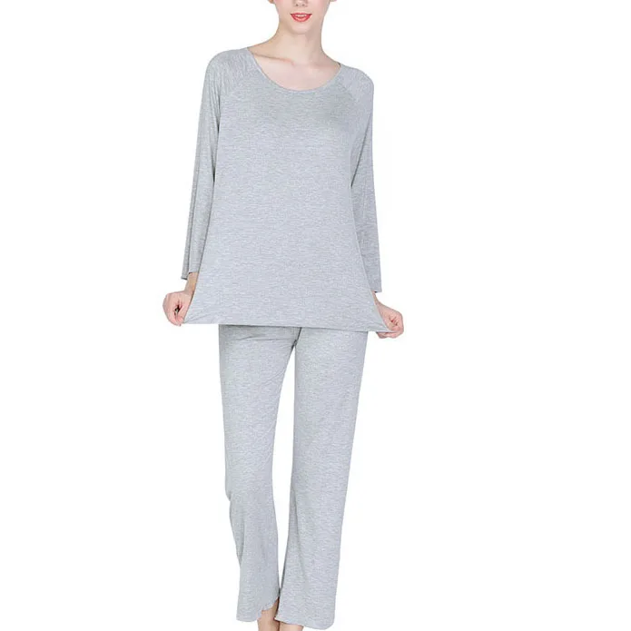Gray Pyjamas Set Mferlier/Осенняя женская пижама из бамбукового волокна, удобная ночная рубашка с круглым вырезом и длинными рукавами+ штаны, однотонный эластичный женский пижамный комплект - Цвет: Gray Pyjamas Set