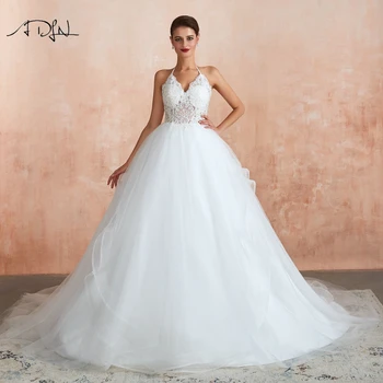 

ADLN Ball Gown Wedding Dresses Vestidos de novia Halter Sweep Train Lace Applique Backless Bridal Gown Robe De Mariage