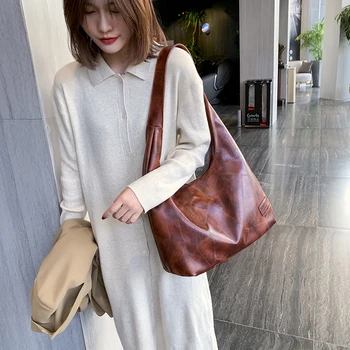 

Retro Women's Hobos Underarm Bag Large Capacity Handbag High Quality PU Leather Shoulder Bag Designer Luxury Crescent Tote