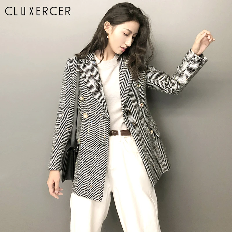 

Classic Stripe Chic Autumn Blazer Jacket Women Streetwear Tweed Long Sleeves Winter Blazer Coat Female Casual Coats