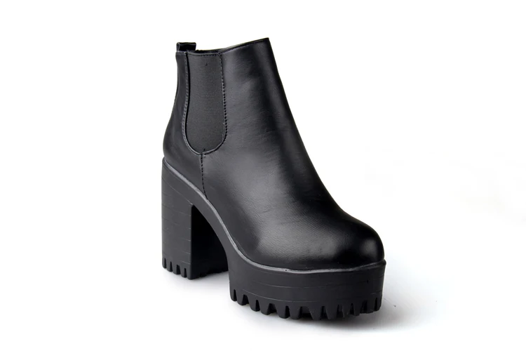 Koznoy/женские сапоги на квадратном каблуке; zapatos mujer; сапоги-лодочки из искусственной кожи до бедра; мотоциклетные высокие сапоги; кожаные ботильоны - Цвет: Черный