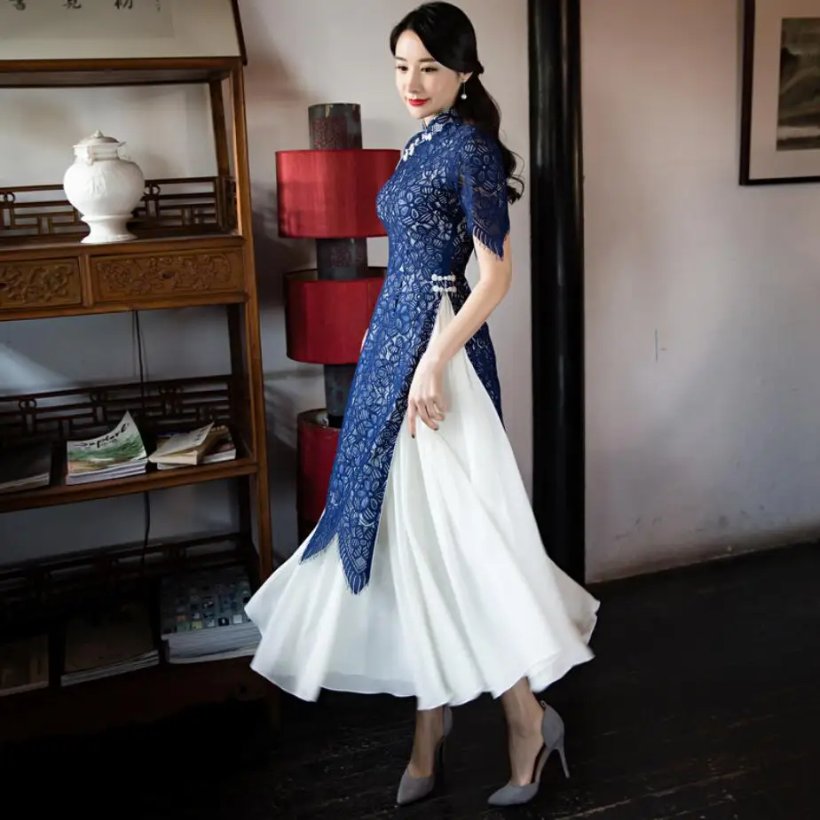Сексуальное кружевное платье аозай, традиционная одежда Вьетнама, qipao, женские халаты из 2 предметов+ юбки, китайское женское элегантное платье, улучшенное - Цвет: Бежевый