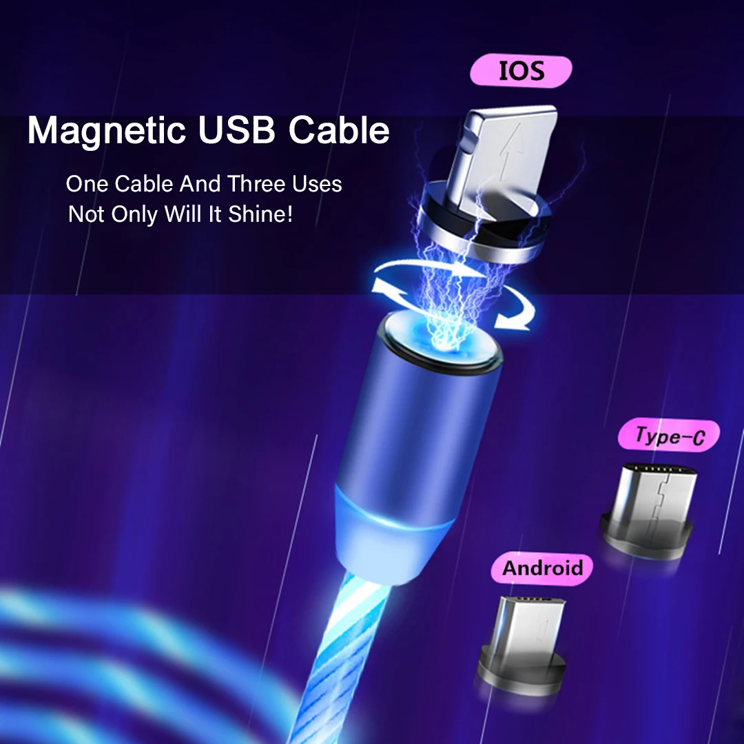 Магнитный USB зарядный кабель светодиодный светящийся шнур Тип C/Micro USB/8 Pin для iphone 6 7 Android Phone Быстрый светящийся провод