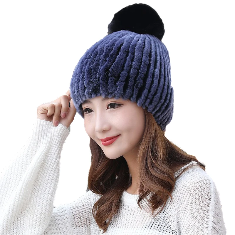 Style 2 Настоящий мех кролика шапки для женщин зимние теплые Skullies Beanie шапка с лисьим меховым помпоном - Цвет: Style 2