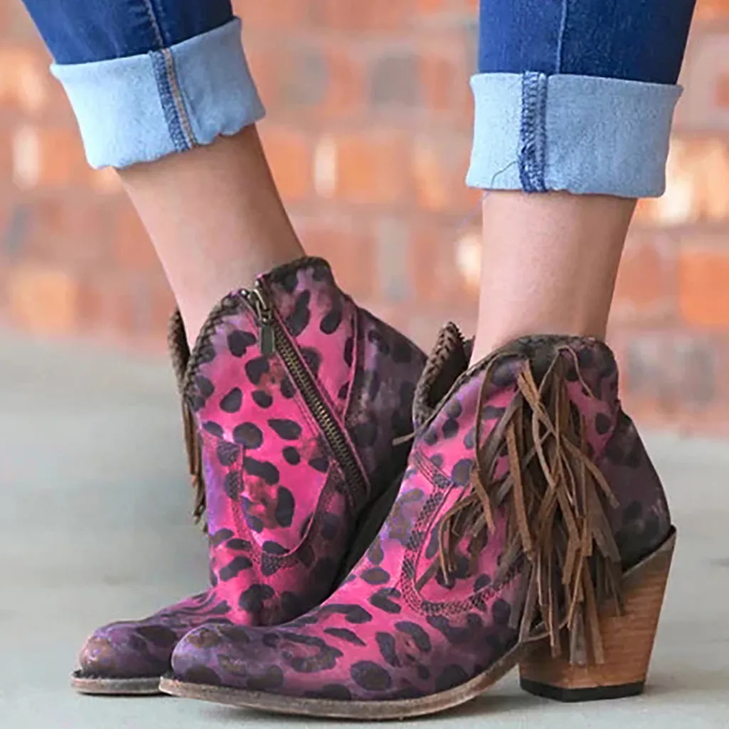 

Winter Leopard Tassel Chelsea Boots Women's Fringe Ankle Boots Retro Lady Classic Rome Sytle Short Boot High Heel Shoes Pointed