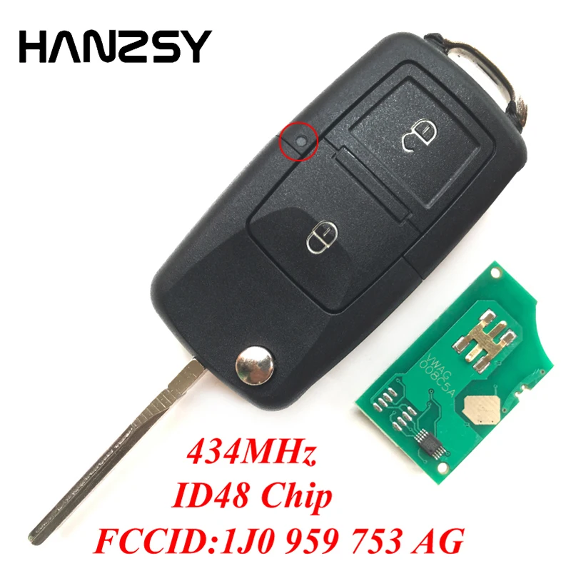 Clé À Distance Pliante À 2 Boutons Pour Voiture, Puce Id48, 434Mhz, Vw Volkswagen Golf Bora Polo Beetle Lupo Passat 1J0 959 753 Ag