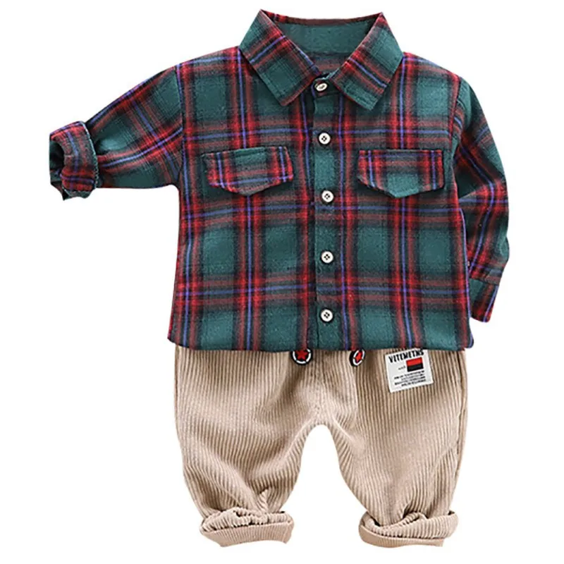 Комплекты для мальчиков, хлопковая детская одежда для маленьких мальчиков Повседневное в клетку с длинными рукавами рубашки топы с принтом+ штаны, комплект с шортами и футболкой - Цвет: G