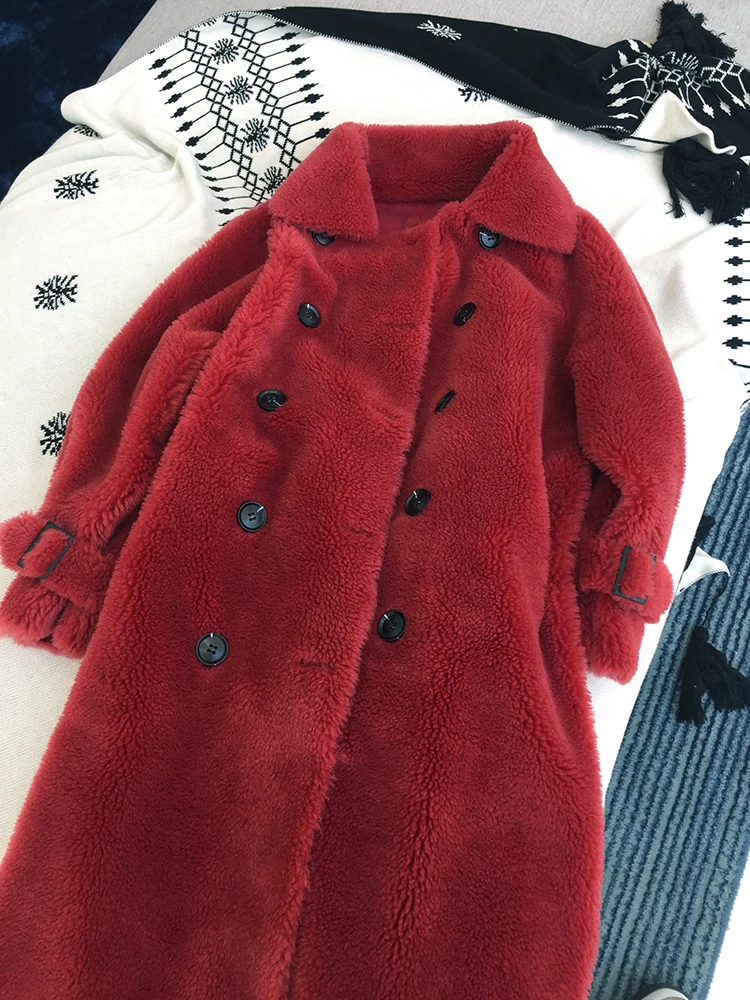 Новое пальто из натурального овечьего меха, женская куртка из натурального овечьего меха с поясом, шерстяное пальто, длина 110 см, больше размера, теплое, большое, F1156