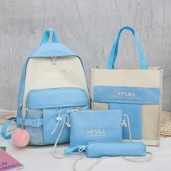 

Japanese-Style Harajuku Girl'S Backpack Ins Contrast Color Four-Piece Set College Style Large-Capacity Casual Schoolbag