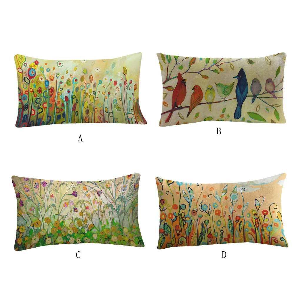 

30x50 cm Country Style Flower Bird Pattern Waist Pillowcase Printing Bed Home Festival Pillow Cover #45