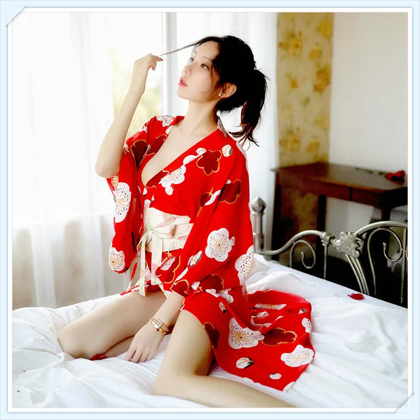 

FX Sexy Lingerie Printed Uniforms To Seduce Japanese-style Cherry Blossom Girl Deep V Long Feather Weaving Kimono