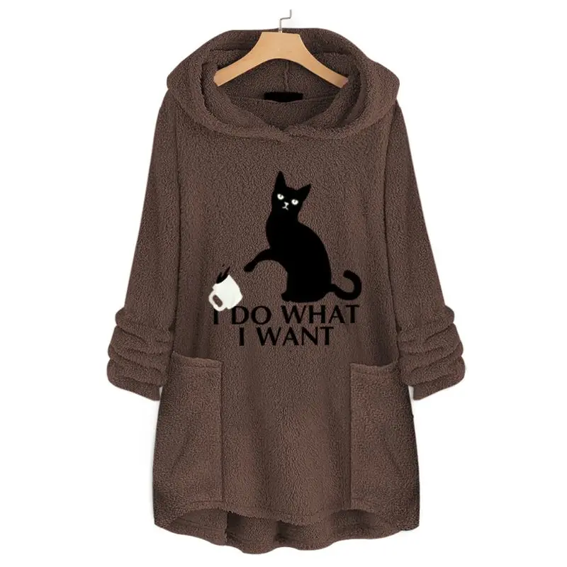 Womens Plus Size Winter Thicken Plush Hooded Sweatshirt Cute Lazy Cat Cartoon Printed Loose Asymmetric Hem Tunic Tops M-5XL