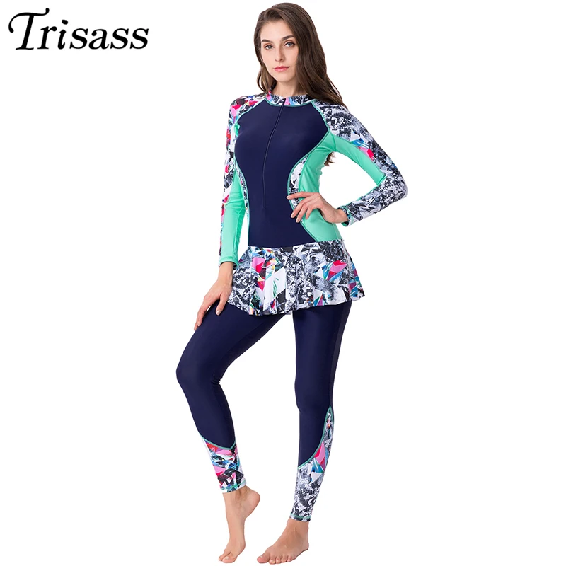 Trisass 2019 New Women One Piece Skirt Swimsuit Sports Bathing suit Plus Size Swimwear Print Long Sleeve Pants Zipper Surf suit