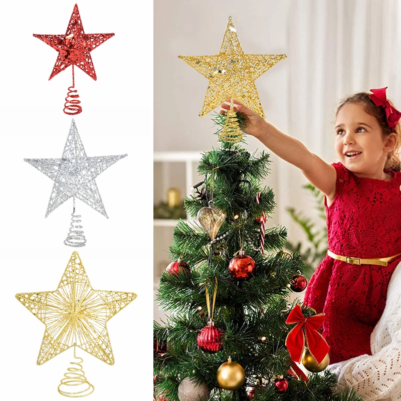 Hollow Sparkle Stella Toppers Albero Di Natale Topper Oro Argento Rosso Albero Di Natale Ornamento Per Natale Anno Nuovo Partito Cima Di Albero Decor