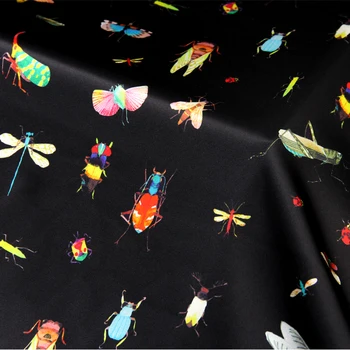 

Insects Print Silk Fabric 93%Silk 7%Spandex Wide118cm 19MM Stretch Satin Elastic Black