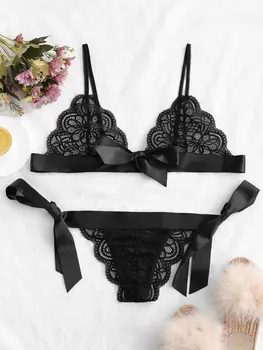 

ZAFUL Bowknot Lace Tie Side Lingerie Set Christmas Scalloped Trim Sexy Lingerie Set Intimates Transparent Underwear Bra Set