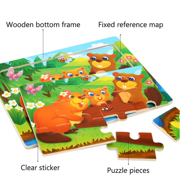 15*11cm 12pcs Wood Puzzle Kids Educational Toys Cartoon Animal/Traffic 3dD Wooden Puzzle Jigsaw Toys For Children Gifts 3