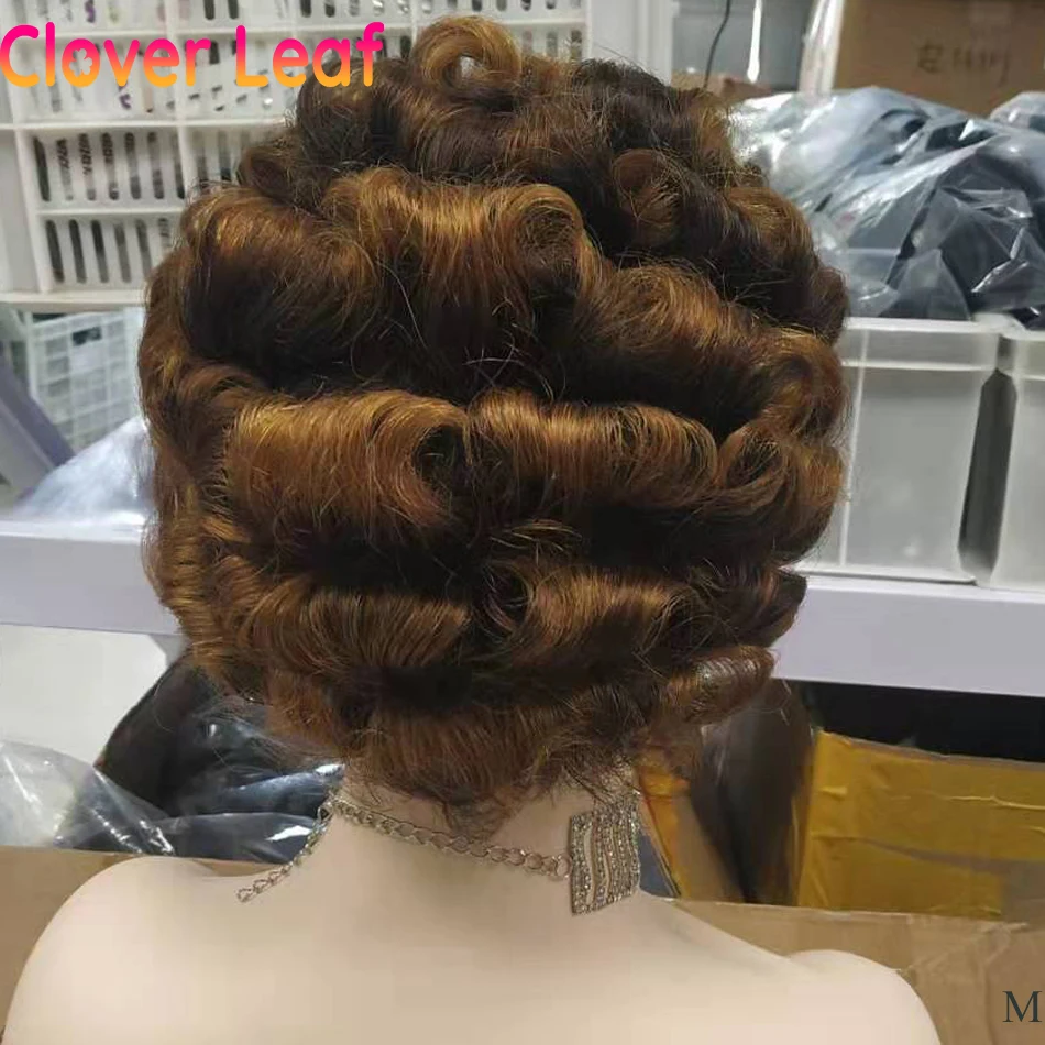 

Clover Leaf Egg Short Curly Human Hair Wigs P4-27 Color Brazilian 150% Remy Full Machine Made Pixie Cut Wig For Black Women