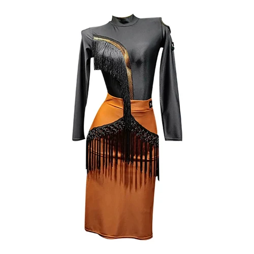 Two-piece set costume of leotard and skirt Latin Dance Dress Girls Women Samba Dance Costumes Clothes For Salsa Ballroom Dancing - Цвет: khaki