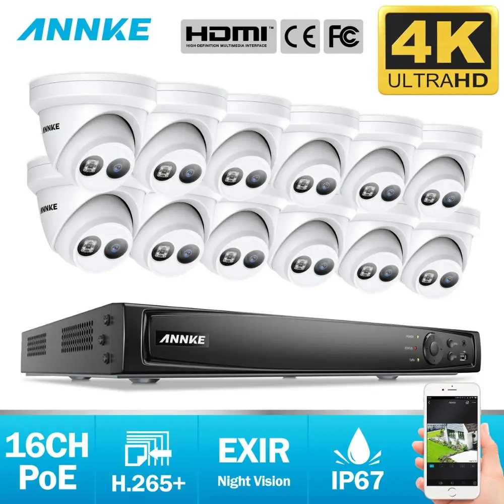 

ANNKE 16CH 4K FHD POE Network Video Security System 8MP H.265+ NVR With 12X 8MP 30m EXIR Night Vision Weatherproof IP Camera Kit