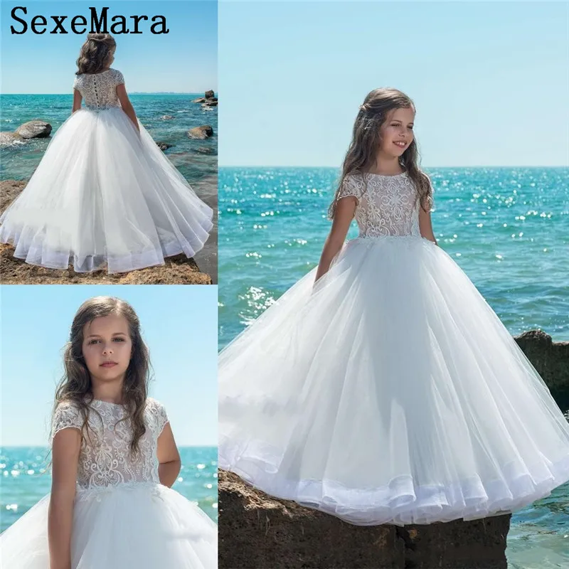 

New Kids Pageant Evening Gowns Lace Ball Gown Flower Girl Dresses For Weddings First Communion Dresses Girls Clothes Kids Size 2-16Years