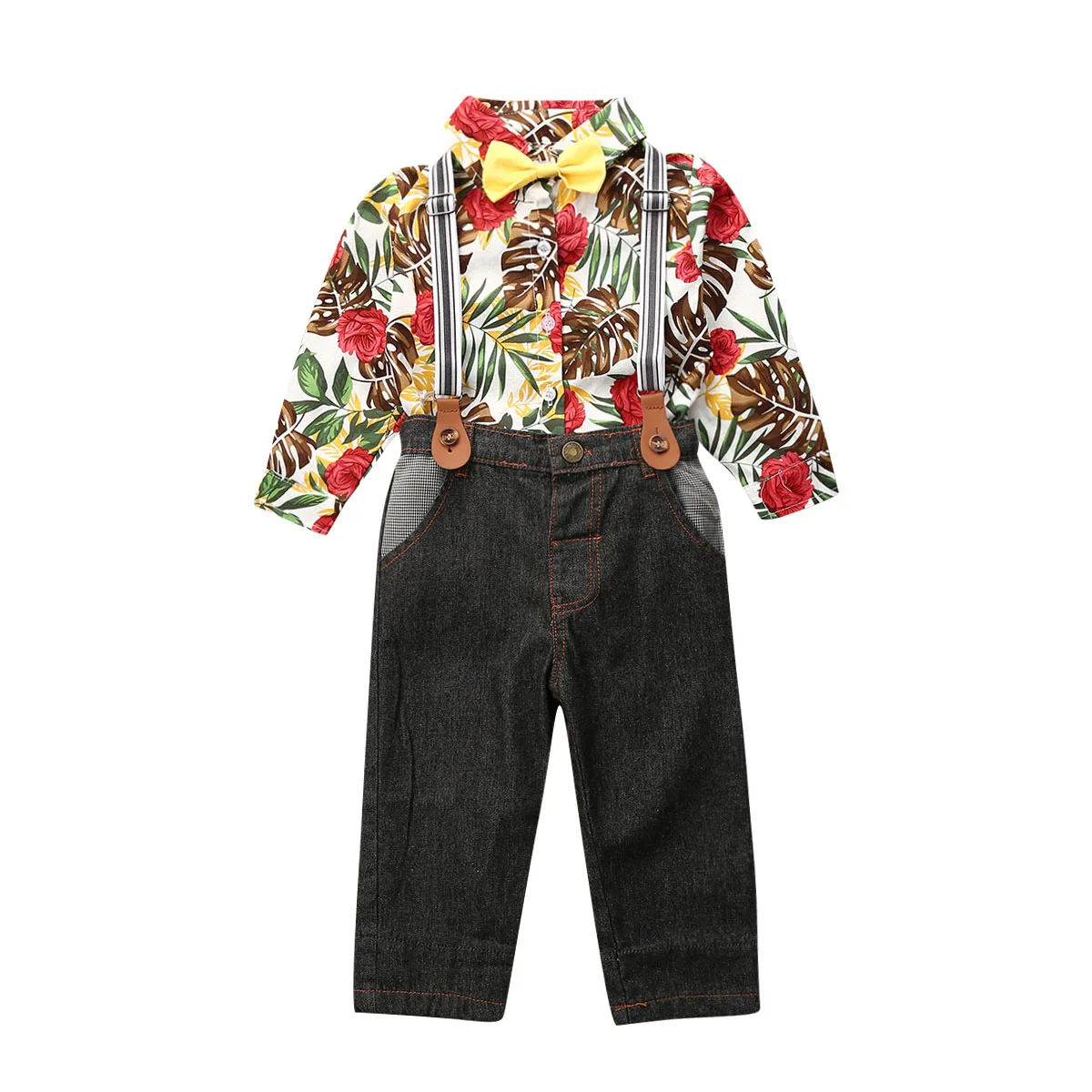 Одежда для маленьких мальчиков модные топы с галстуком-бабочкой, комбинезон с длинными рукавами+ штаны на подтяжках, одежда для джентльмена, комплект одежды для мальчиков