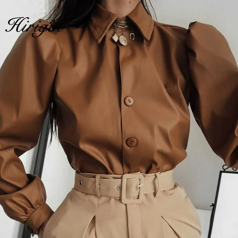 

2020 Matte Long Sleeve Fall Winter Womens Tops and Blouses Fashion Puff Sleeve Brown Shirts Ladies Blouses