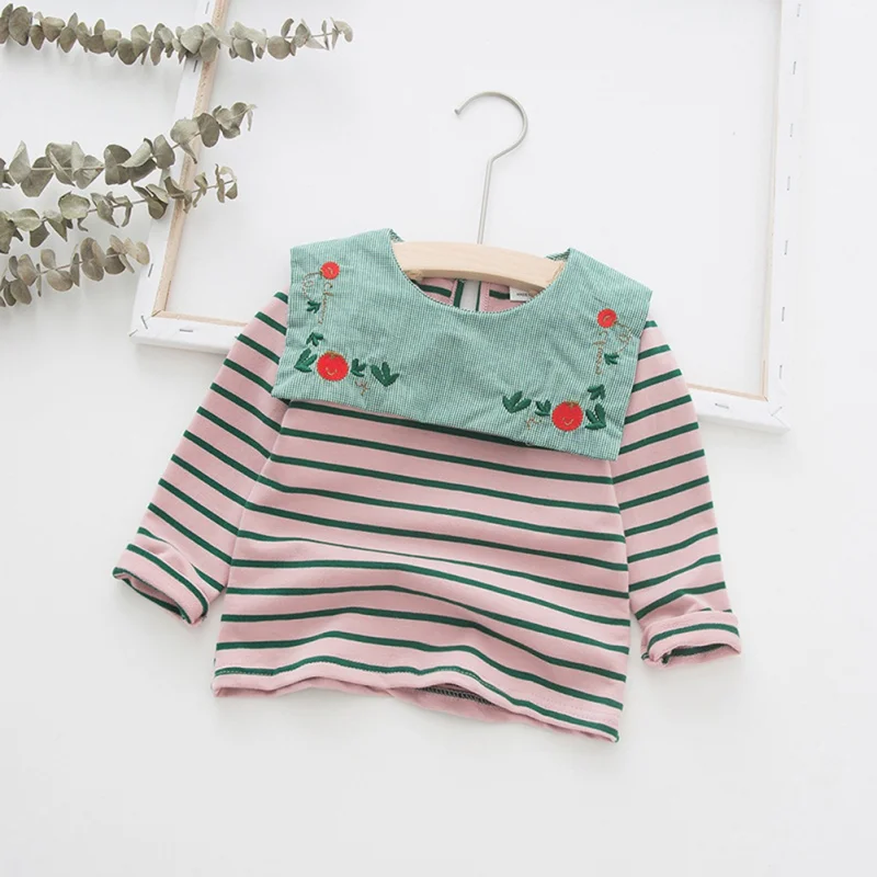 Spring Autumn Baby Girl T-Shirt 2Y-7Y Casual Fashion Long Sleeve Embroidery Striped T-Shirt Kids Blouse 2 Colors Girl Clothing