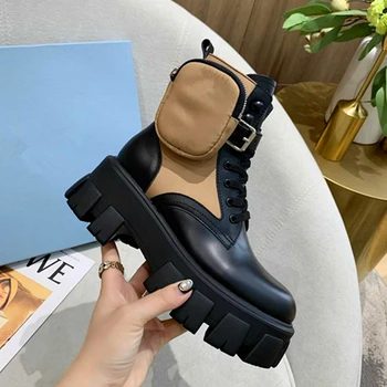 

Genuine Leather Monolith Platform Shoes Women Black Ankle Boots Pocket Design Motorcycle Boots Lace Up Thick Bottom Short Boots
