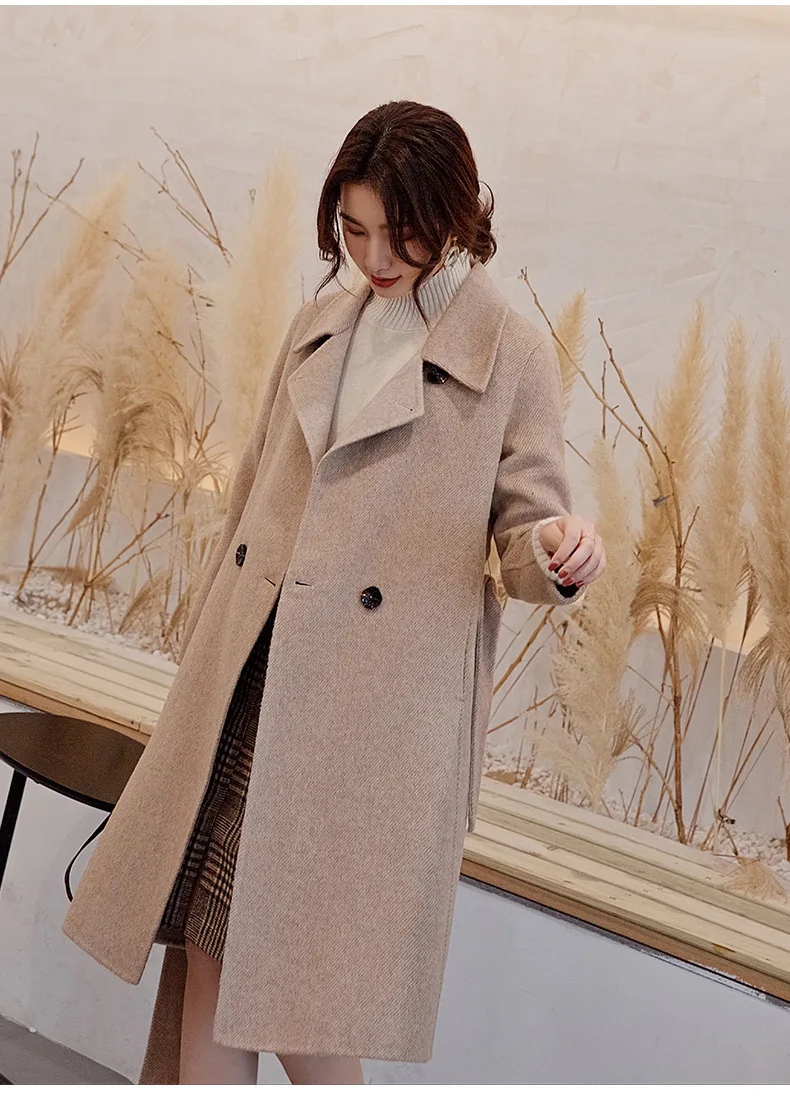 Высококачественное модное шерстяное пальто, зимнее женское пальто, новинка, одноцветное свободное шерстяное пальто с поясом, шерстяное пальто, женская куртка
