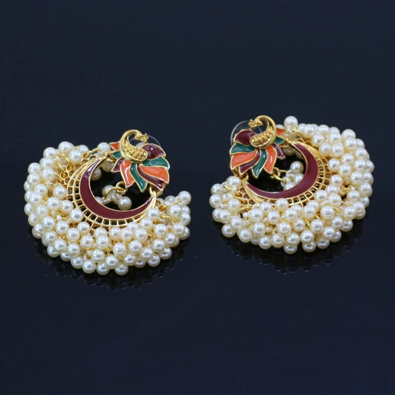 Bollywood Ethnic Bridal Bride Kundan Earrings Peacock Pearls Jhumka Jhumki Indian Bahubali Drop Earrings Fashion Jewelry