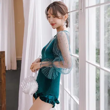 

Retro Nightclub Party Celebrate Costumes Bar Female Singer DJ DS Pole Dance Bodysuit Sexy Velvet Puff Sleeve Jumpsuit DWY3357