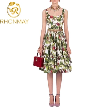 

New 2020 Newest Summer Fashion Square Collar Spaghetti Strap Sleeveless A-Line Print Slim Knee Dress Women Pleated Dress