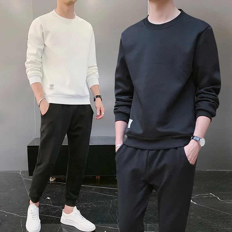 

2019 New Style Autumn Clothing Korean-style Trend Loose-Fit Solid Color Long Sleeve Pullover Hoodie Suit Men's Sports Casual Two