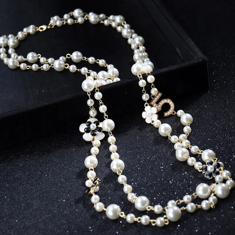 High Quality Women Camellia Pearl Pendants Necklace Double Layers Long Chains Collares De Moda Number 5 Flower Party Jewelry | Украшения и