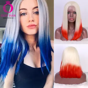 

OLEY Heat Resistant Short Blue Synthetic Lace Front Wig Cosplay Orange Blonde Ombre Wig High Density Bob Wigs For Black Women