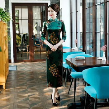 

Velvet Sexy Women Long Cheongsam Chinese Traditional Dress Novelty Large Size 3XL-5XL Casual Dresses Velour Classic Vestidos
