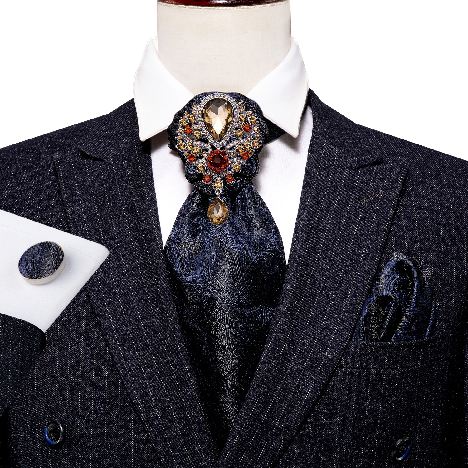 

New Vintage Silk Men's Cravat Ascot Tie Handky Cufflinks Set Rhinestone Brooch British Style Formal Gentlemen Wedding Barry.Wang