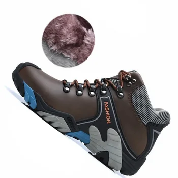 

Genuine Leather Warm Winter walking Shoes Men High Top Plush Fur Outdoor Sport walking Shoes Non Slip walking Sneakers Men